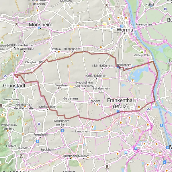 Map miniature of "The Gravel Adventure" cycling inspiration in Rheinhessen-Pfalz, Germany. Generated by Tarmacs.app cycling route planner