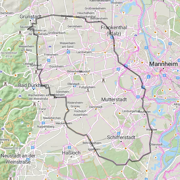 Map miniature of "Frankenthal and Palatinate Highlights" cycling inspiration in Rheinhessen-Pfalz, Germany. Generated by Tarmacs.app cycling route planner