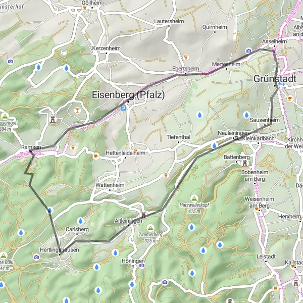 Map miniature of "Grünstadt and Surroundings" cycling inspiration in Rheinhessen-Pfalz, Germany. Generated by Tarmacs.app cycling route planner