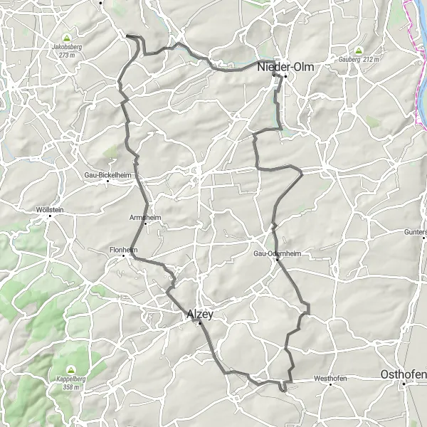 Karten-Miniaturansicht der Radinspiration "Rennradtour durch das Rheinhessische Hügelland" in Rheinhessen-Pfalz, Germany. Erstellt vom Tarmacs.app-Routenplaner für Radtouren