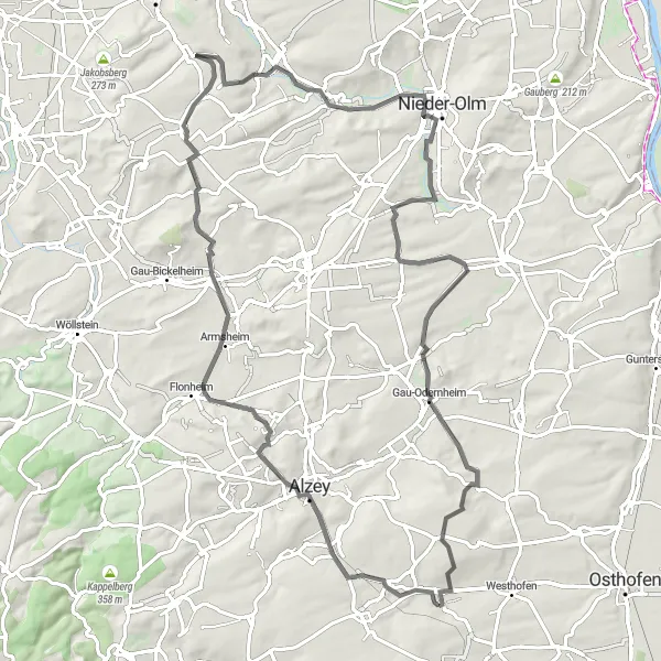 Map miniature of "Wine and Towers of Rheinhessen" cycling inspiration in Rheinhessen-Pfalz, Germany. Generated by Tarmacs.app cycling route planner