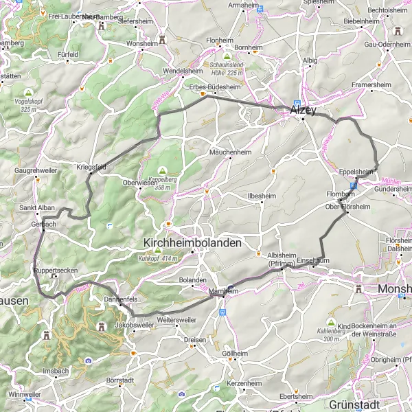 Map miniature of "Hilly Road Challenge" cycling inspiration in Rheinhessen-Pfalz, Germany. Generated by Tarmacs.app cycling route planner