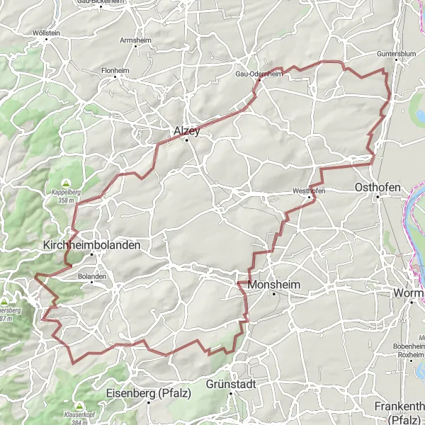 Karten-Miniaturansicht der Radinspiration "Gravel-Abenteuer Rheinhessen-Pfalz" in Rheinhessen-Pfalz, Germany. Erstellt vom Tarmacs.app-Routenplaner für Radtouren