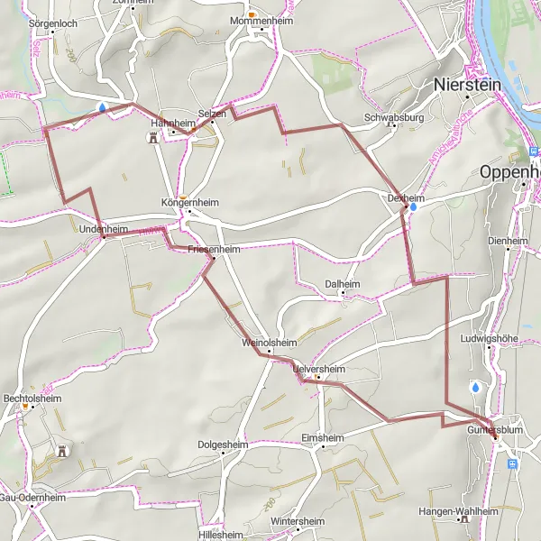 Map miniature of "Scenic Rheinhessen Gravel Spree" cycling inspiration in Rheinhessen-Pfalz, Germany. Generated by Tarmacs.app cycling route planner