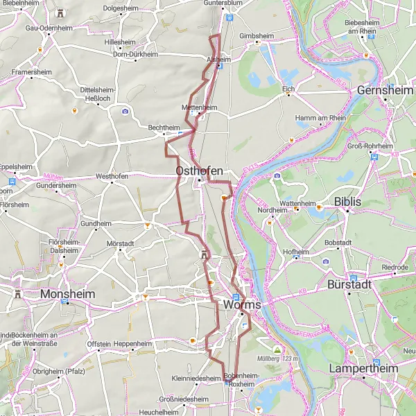 Map miniature of "Rheinhessen Discovery" cycling inspiration in Rheinhessen-Pfalz, Germany. Generated by Tarmacs.app cycling route planner