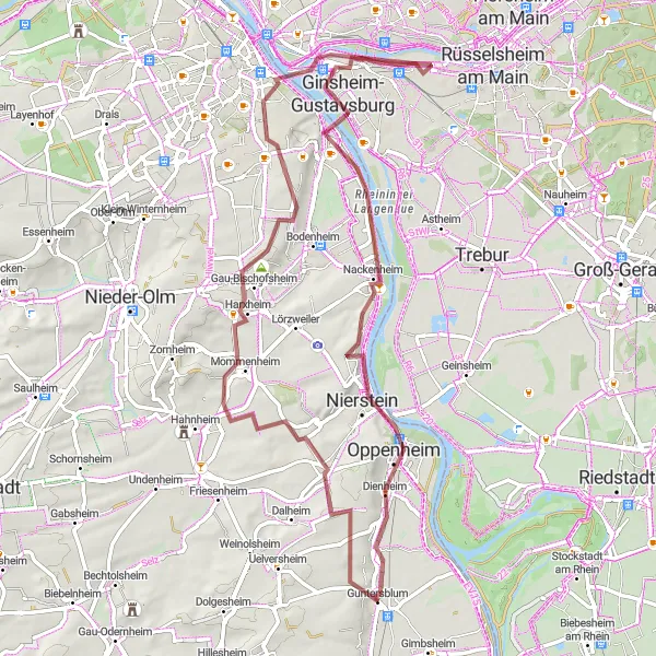 Map miniature of "Exploring Rheinhessen's Hidden Gems" cycling inspiration in Rheinhessen-Pfalz, Germany. Generated by Tarmacs.app cycling route planner