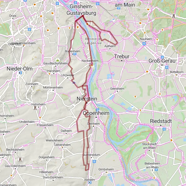 Map miniature of "Hidden Gems of Rheinhessen" cycling inspiration in Rheinhessen-Pfalz, Germany. Generated by Tarmacs.app cycling route planner