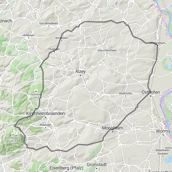 Map miniature of "Legends of Rheinhessen" cycling inspiration in Rheinhessen-Pfalz, Germany. Generated by Tarmacs.app cycling route planner