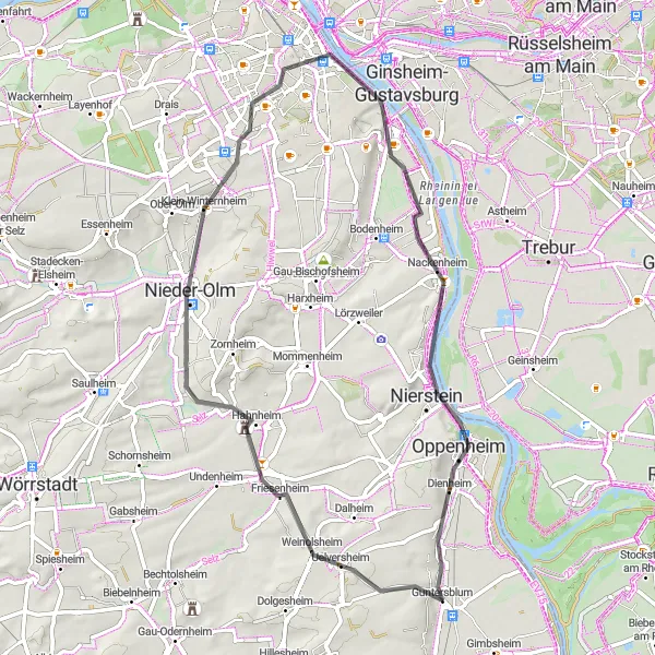 Map miniature of "Wine Trail in Rheinhessen" cycling inspiration in Rheinhessen-Pfalz, Germany. Generated by Tarmacs.app cycling route planner