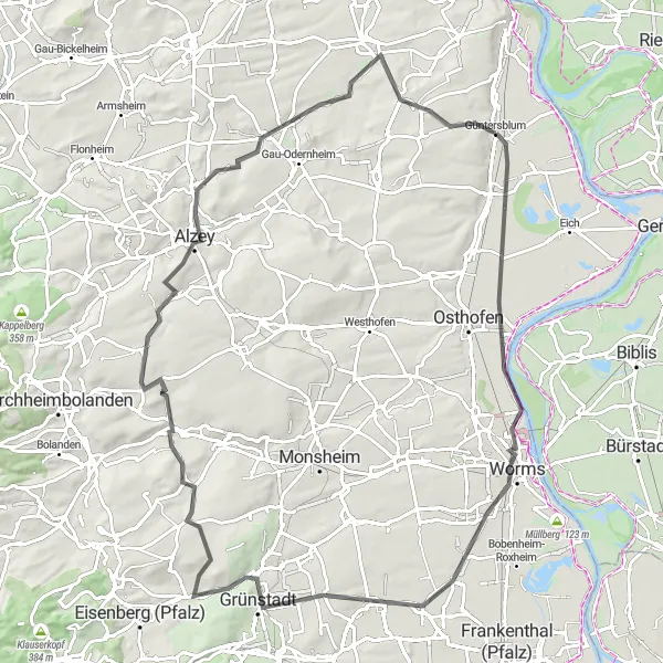 Map miniature of "Rheinhessen Wine and Beyond" cycling inspiration in Rheinhessen-Pfalz, Germany. Generated by Tarmacs.app cycling route planner