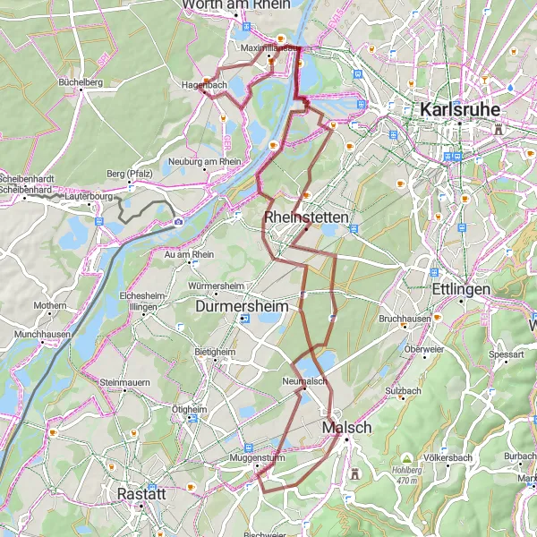 Map miniature of "The Maxau Loop" cycling inspiration in Rheinhessen-Pfalz, Germany. Generated by Tarmacs.app cycling route planner