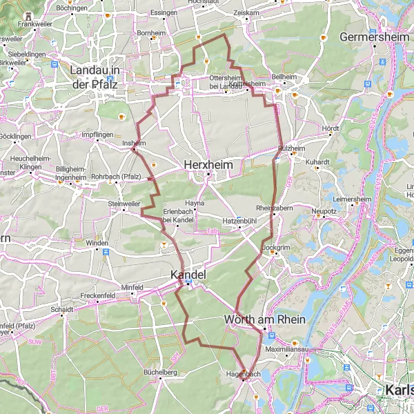 Map miniature of "Kandel and Beyond" cycling inspiration in Rheinhessen-Pfalz, Germany. Generated by Tarmacs.app cycling route planner