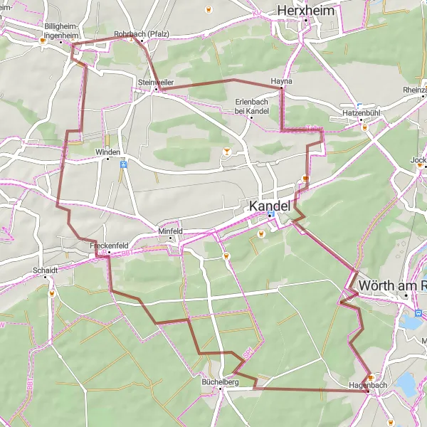 Map miniature of "The Gravel Adventure" cycling inspiration in Rheinhessen-Pfalz, Germany. Generated by Tarmacs.app cycling route planner