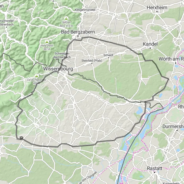 Karten-Miniaturansicht der Radinspiration "Südpfalz Panoramaroute" in Rheinhessen-Pfalz, Germany. Erstellt vom Tarmacs.app-Routenplaner für Radtouren