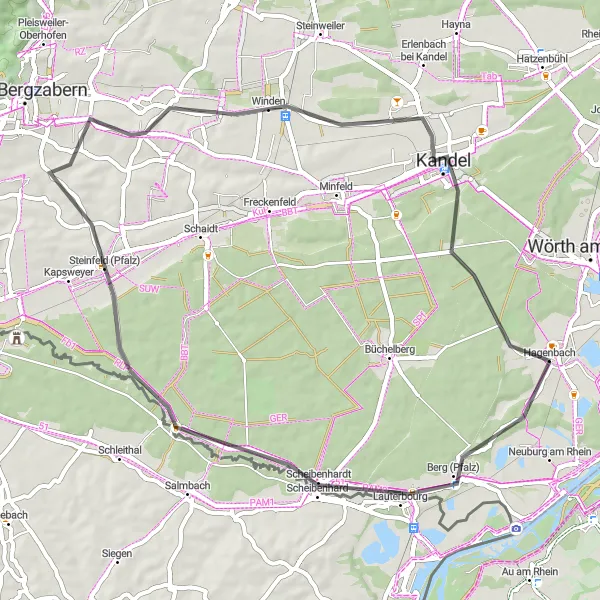 Map miniature of "The Palatinate Discovery" cycling inspiration in Rheinhessen-Pfalz, Germany. Generated by Tarmacs.app cycling route planner