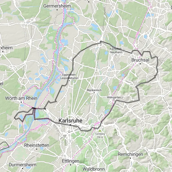 Map miniature of "The Karlsruhe Challenge" cycling inspiration in Rheinhessen-Pfalz, Germany. Generated by Tarmacs.app cycling route planner