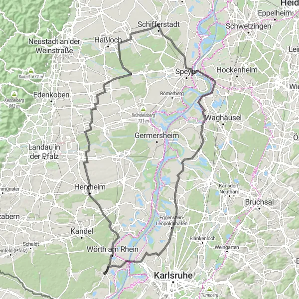 Map miniature of "The Rhine Valley Tour" cycling inspiration in Rheinhessen-Pfalz, Germany. Generated by Tarmacs.app cycling route planner
