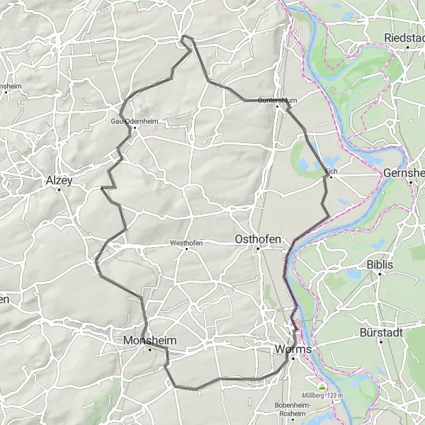 Map miniature of "Worms and the Surrounding Villages" cycling inspiration in Rheinhessen-Pfalz, Germany. Generated by Tarmacs.app cycling route planner