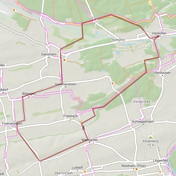 Map miniature of "Countryside Pleasures: Hanhofen and Beyond" cycling inspiration in Rheinhessen-Pfalz, Germany. Generated by Tarmacs.app cycling route planner