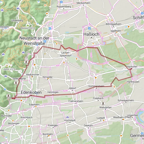 Map miniature of "Scenic Gravel Expedition: Rheinhessen-Pfalz" cycling inspiration in Rheinhessen-Pfalz, Germany. Generated by Tarmacs.app cycling route planner