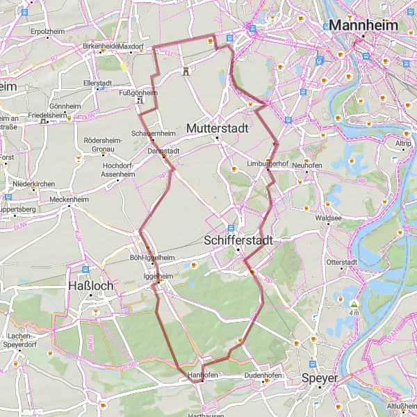 Map miniature of "Gravel Adventure in Rheinhessen-Pfalz" cycling inspiration in Rheinhessen-Pfalz, Germany. Generated by Tarmacs.app cycling route planner