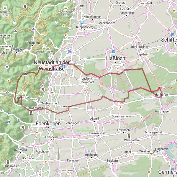 Map miniature of "The Gravel Adventure of Rheinhessen-Pfalz" cycling inspiration in Rheinhessen-Pfalz, Germany. Generated by Tarmacs.app cycling route planner