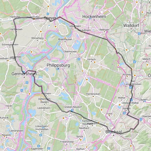 Map miniature of "Scenic Tour through Hanhofen and Beyond" cycling inspiration in Rheinhessen-Pfalz, Germany. Generated by Tarmacs.app cycling route planner