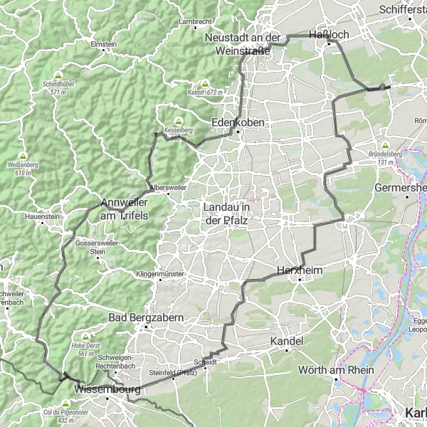 Karten-Miniaturansicht der Radinspiration "Bienwald Panorama Route" in Rheinhessen-Pfalz, Germany. Erstellt vom Tarmacs.app-Routenplaner für Radtouren