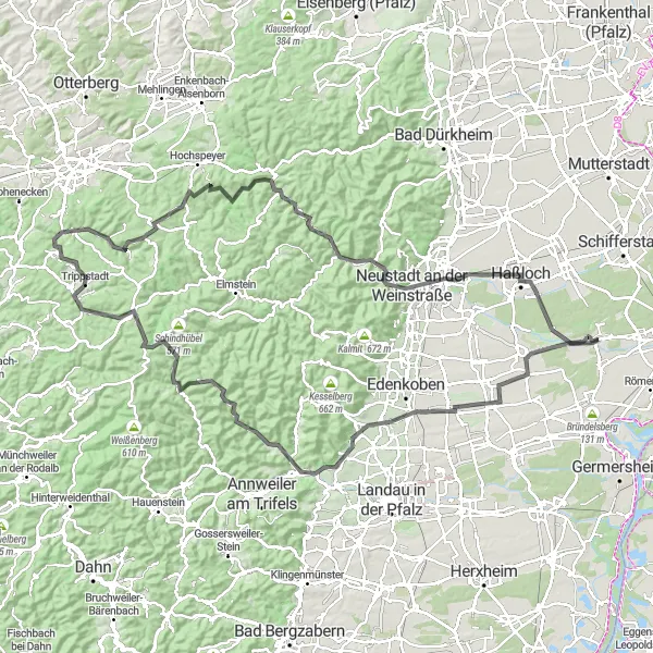 Karten-Miniaturansicht der Radinspiration "Pfälzer Wald Tour" in Rheinhessen-Pfalz, Germany. Erstellt vom Tarmacs.app-Routenplaner für Radtouren