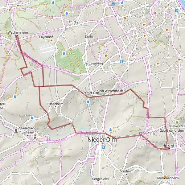 Map miniature of "Rheinhessen-Pfalz gravel adventure" cycling inspiration in Rheinhessen-Pfalz, Germany. Generated by Tarmacs.app cycling route planner