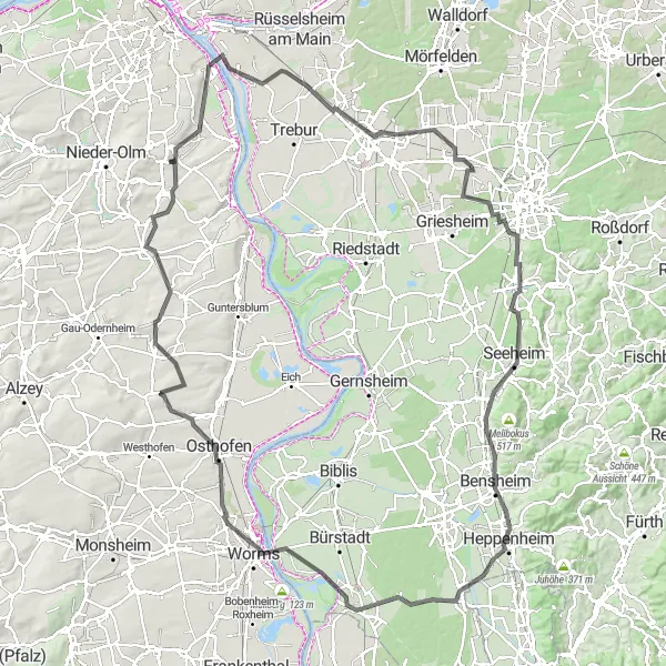 Map miniature of "Rhein-Main Loop: Cycling Adventure across Rheinhessen and Beyond" cycling inspiration in Rheinhessen-Pfalz, Germany. Generated by Tarmacs.app cycling route planner