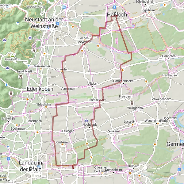 Karten-Miniaturansicht der Radinspiration "Böbingen und Houschder Winzerturm Gravel Route" in Rheinhessen-Pfalz, Germany. Erstellt vom Tarmacs.app-Routenplaner für Radtouren