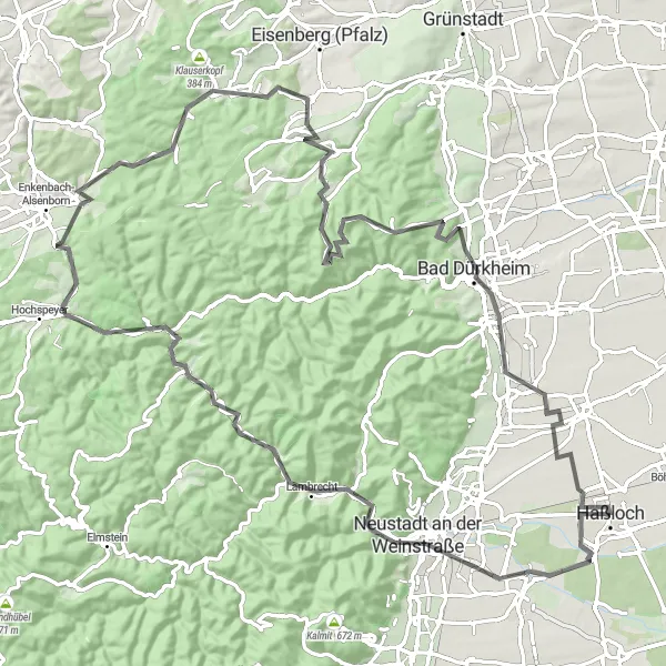 Karten-Miniaturansicht der Radinspiration "Neustadt an der Weinstraße und Bad Dürkheim Rundtour" in Rheinhessen-Pfalz, Germany. Erstellt vom Tarmacs.app-Routenplaner für Radtouren