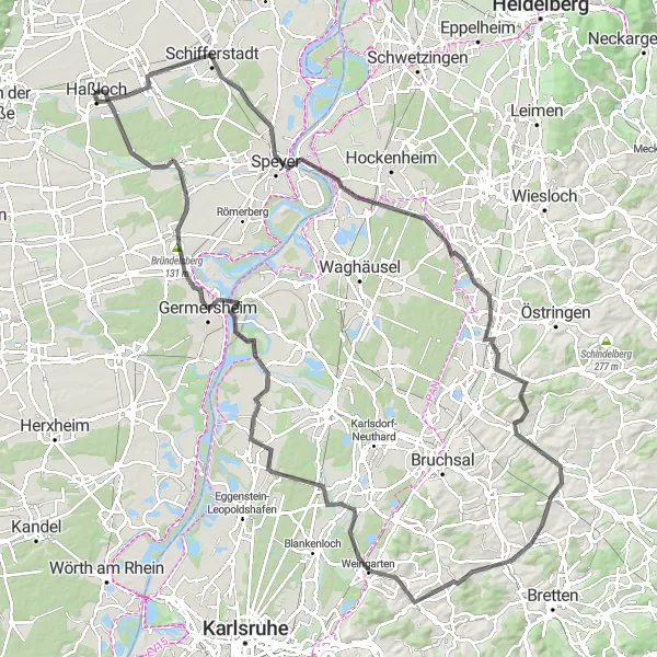 Map miniature of "Haßloch Classic Challenge" cycling inspiration in Rheinhessen-Pfalz, Germany. Generated by Tarmacs.app cycling route planner