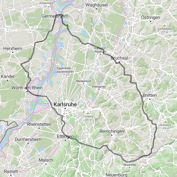 Map miniature of "Exploring the Palatinate by Bike" cycling inspiration in Rheinhessen-Pfalz, Germany. Generated by Tarmacs.app cycling route planner