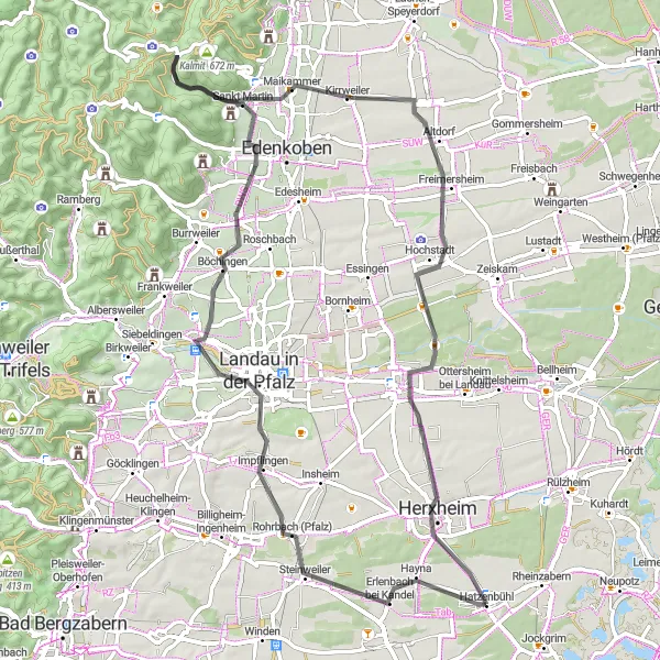 Map miniature of "Road Cycling Paradise" cycling inspiration in Rheinhessen-Pfalz, Germany. Generated by Tarmacs.app cycling route planner