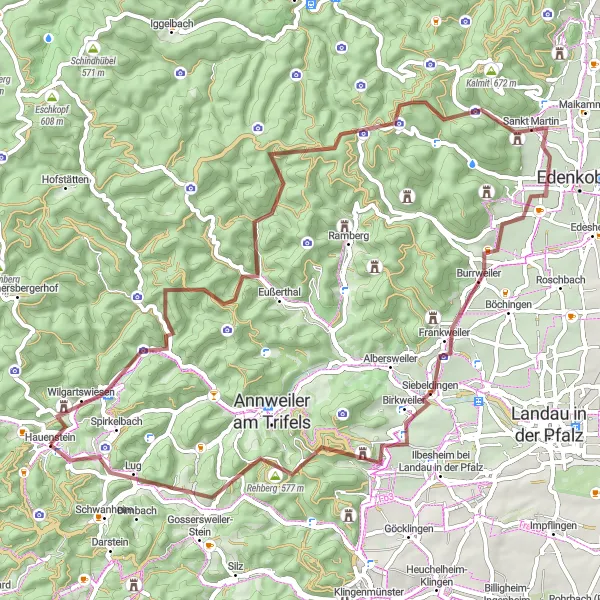 Karten-Miniaturansicht der Radinspiration "Graveltour durch die Pfalz" in Rheinhessen-Pfalz, Germany. Erstellt vom Tarmacs.app-Routenplaner für Radtouren