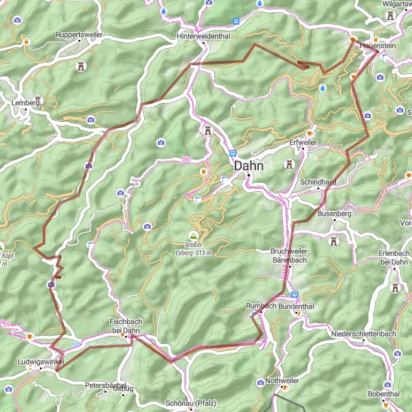 Map miniature of "Exploring the Gems of Dahn" cycling inspiration in Rheinhessen-Pfalz, Germany. Generated by Tarmacs.app cycling route planner