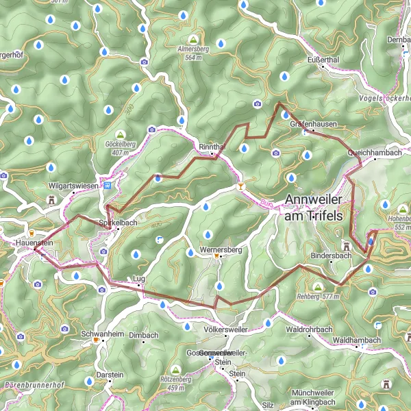 Map miniature of "Trifels Castle Loop" cycling inspiration in Rheinhessen-Pfalz, Germany. Generated by Tarmacs.app cycling route planner