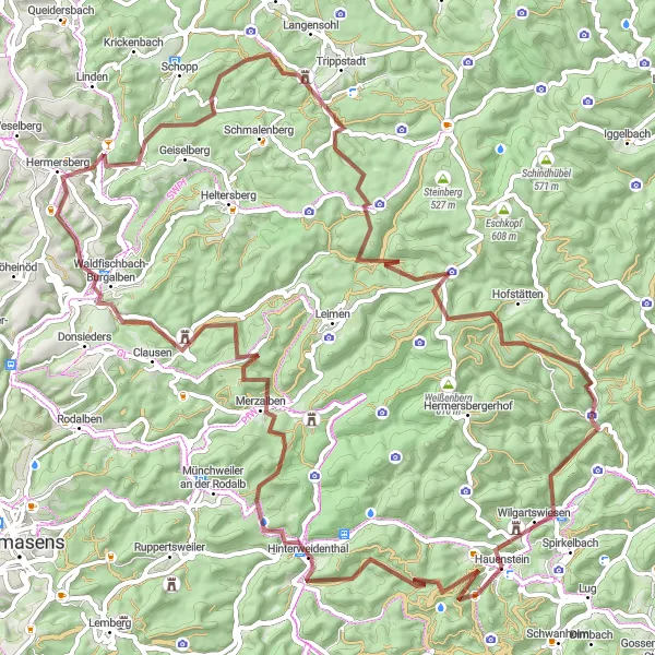 Map miniature of "Ascending the Heights of Hinterweidenthal" cycling inspiration in Rheinhessen-Pfalz, Germany. Generated by Tarmacs.app cycling route planner