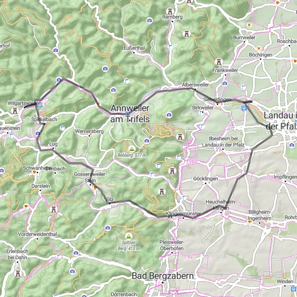 Karten-Miniaturansicht der Radinspiration "Radtour durch die Pfälzer Berge" in Rheinhessen-Pfalz, Germany. Erstellt vom Tarmacs.app-Routenplaner für Radtouren