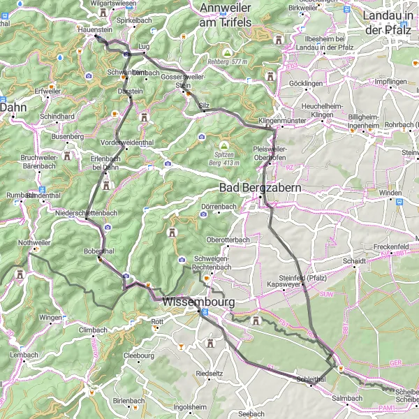 Map miniature of "Palatinate Hillside Route" cycling inspiration in Rheinhessen-Pfalz, Germany. Generated by Tarmacs.app cycling route planner