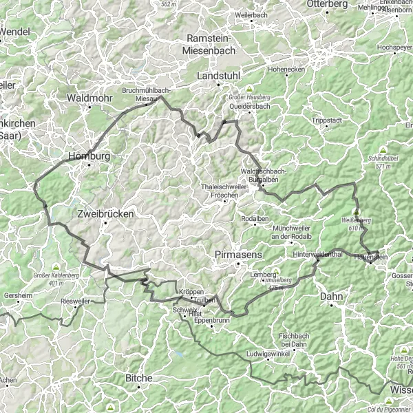 Map miniature of "Conquering the Heights of Kirkel" cycling inspiration in Rheinhessen-Pfalz, Germany. Generated by Tarmacs.app cycling route planner