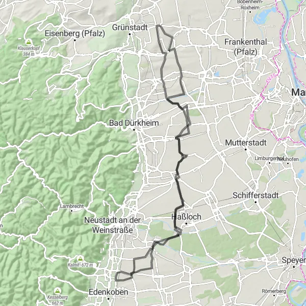 Map miniature of "Enchanting Villages and Natural Beauty" cycling inspiration in Rheinhessen-Pfalz, Germany. Generated by Tarmacs.app cycling route planner