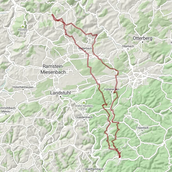 Map miniature of "Heltersberg Gravel Adventure" cycling inspiration in Rheinhessen-Pfalz, Germany. Generated by Tarmacs.app cycling route planner