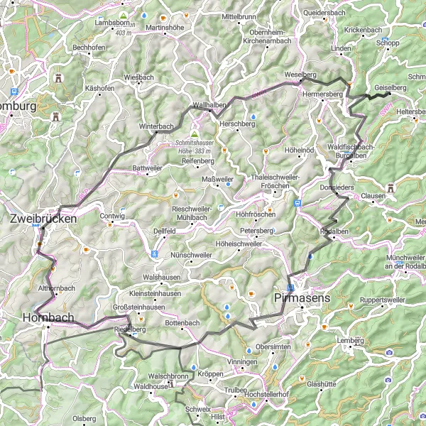 Map miniature of "The Castle Ruins Route" cycling inspiration in Rheinhessen-Pfalz, Germany. Generated by Tarmacs.app cycling route planner