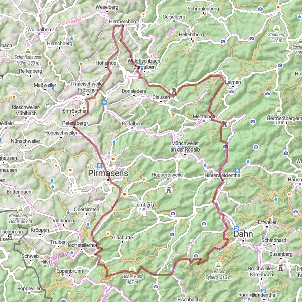 Karten-Miniaturansicht der Radinspiration "Hermersberg und Umgebung entdecken" in Rheinhessen-Pfalz, Germany. Erstellt vom Tarmacs.app-Routenplaner für Radtouren