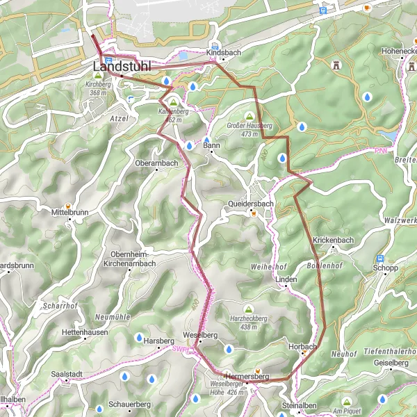 Map miniature of "Kahlenberg - Landstuhl - Kindsbach - Rübenberg" cycling inspiration in Rheinhessen-Pfalz, Germany. Generated by Tarmacs.app cycling route planner
