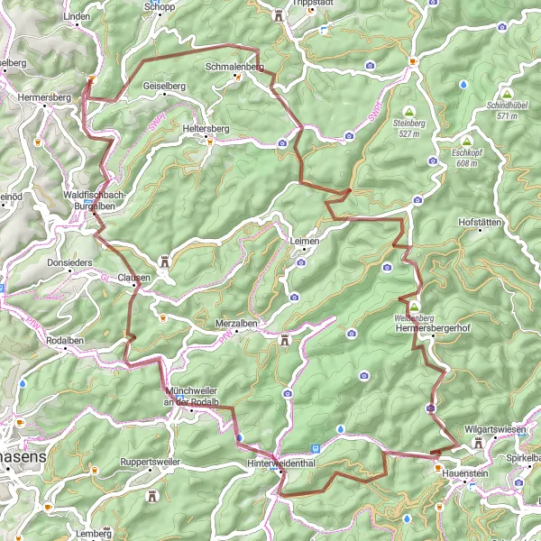 Map miniature of "Rheinhessen-Pfalz Gravel Route" cycling inspiration in Rheinhessen-Pfalz, Germany. Generated by Tarmacs.app cycling route planner