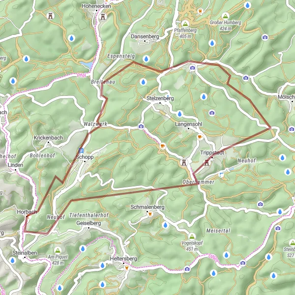 Map miniature of "Rübenberg - Schopp - Judenhübel - Trippstadt - Trautmannsberg" cycling inspiration in Rheinhessen-Pfalz, Germany. Generated by Tarmacs.app cycling route planner